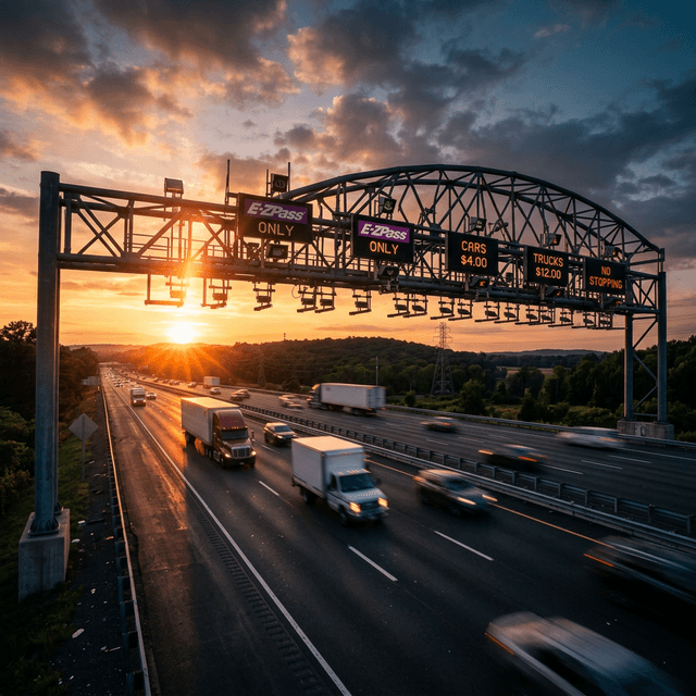 Toll gantry at golden hour — the exact conditions that cause camera failures